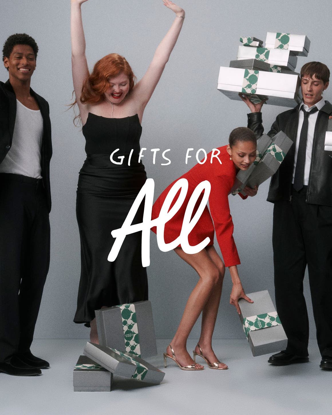 Gifts for all. Men and women in party clothes with gifts.