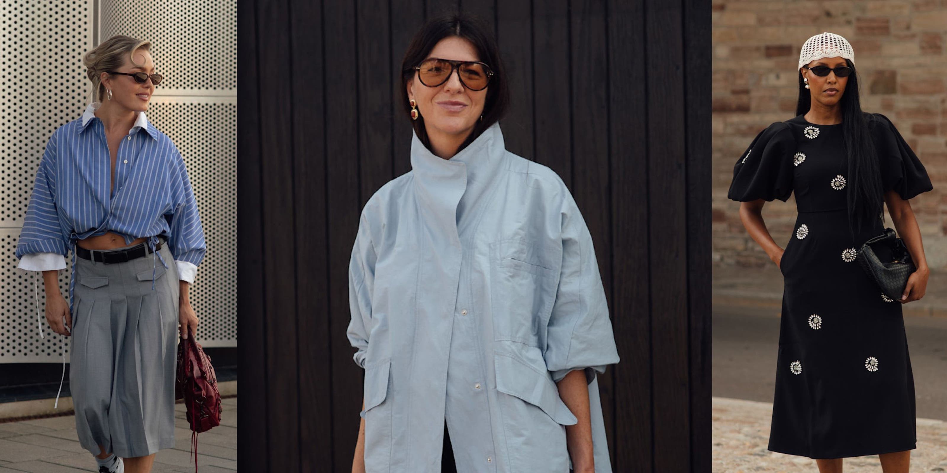 Three street-style looks: a woman in an oversized striped blue shirt and grey trousers; a woman in a light blue oversized jacket; a woman in a black embellished midi dress.