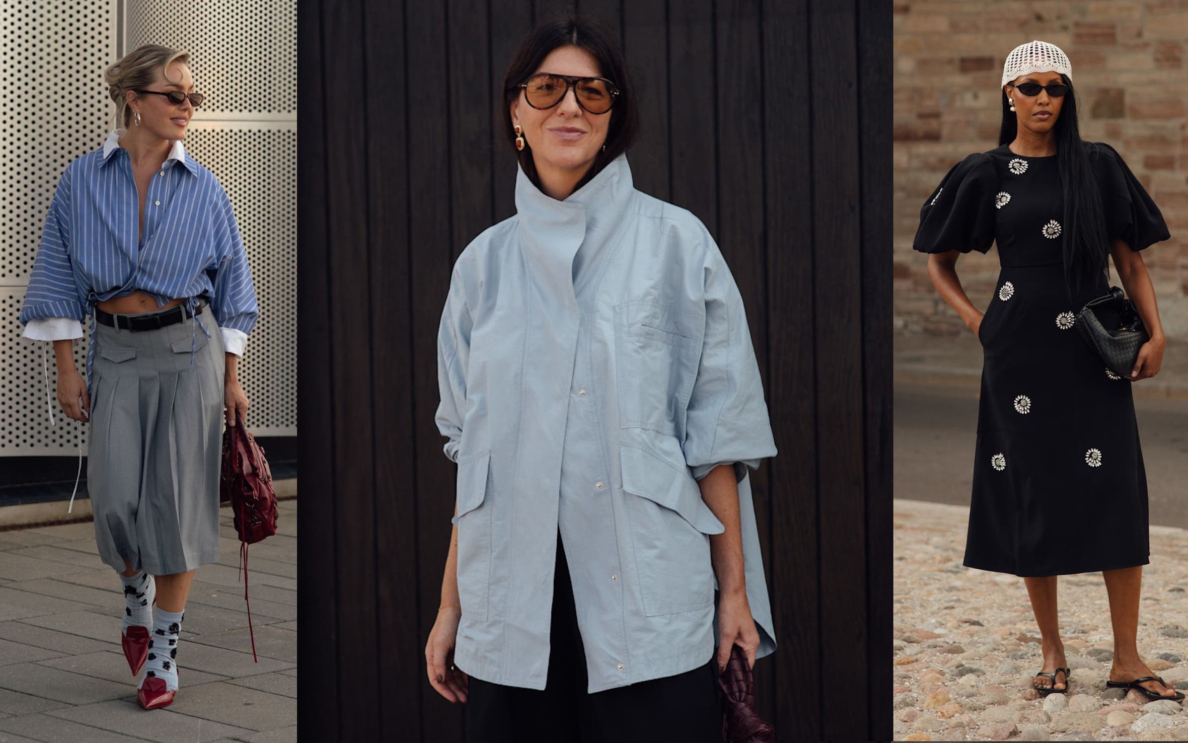 Three street-style looks: a woman in an oversized striped blue shirt and grey trousers; a woman in a light blue oversized jacket; a woman in a black embellished midi dress.