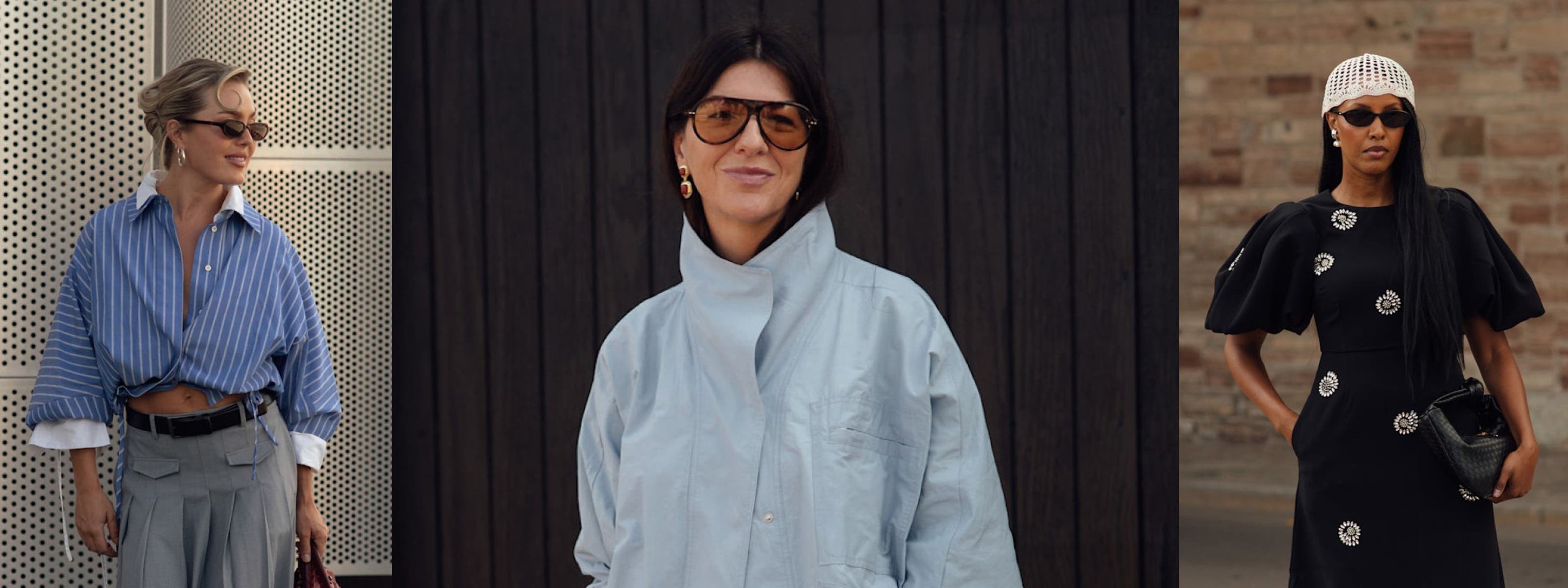 Three street-style looks: a woman in an oversized striped blue shirt and grey trousers; a woman in a light blue oversized jacket; a woman in a black embellished midi dress.