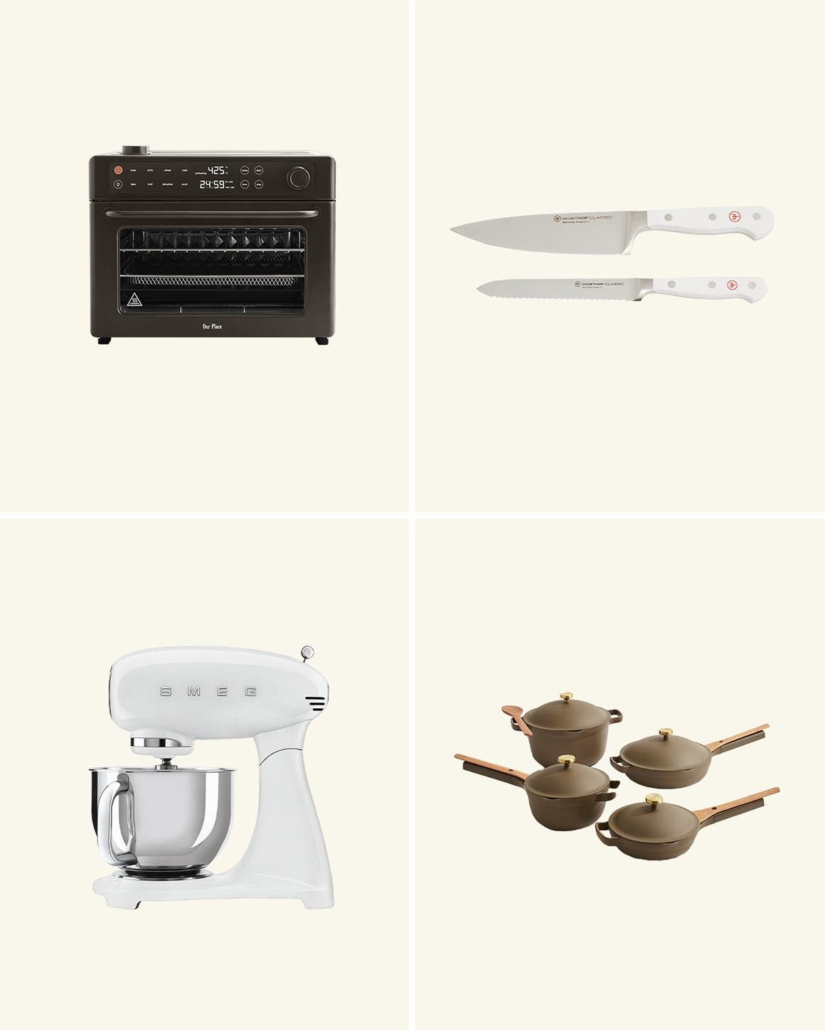 A collage of cookware, appliances and more. 