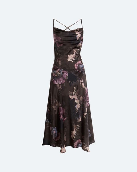 A woman's patterned dress product shot.