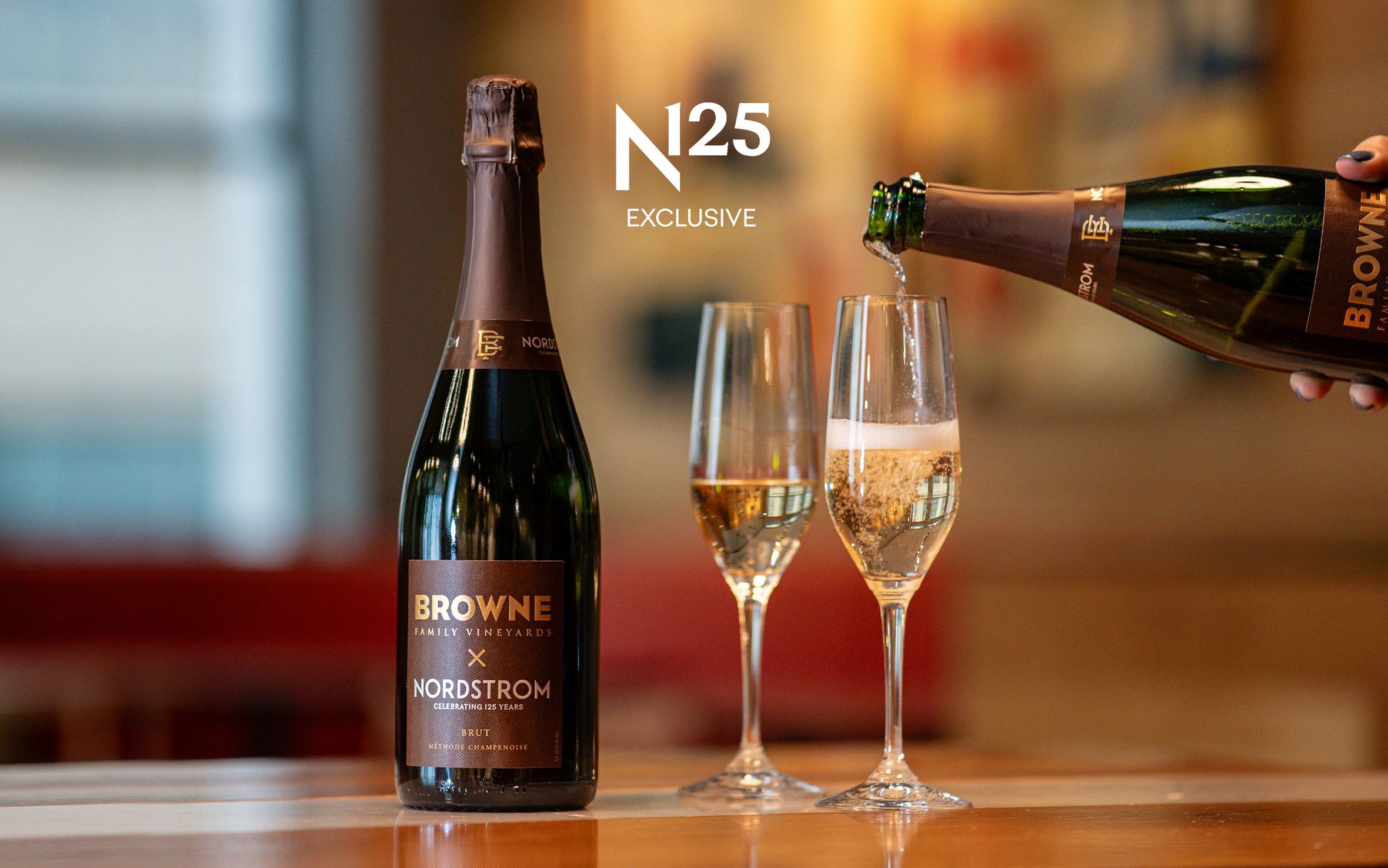 N125 exclusive: a bottle of sparkling wine and two glasses.