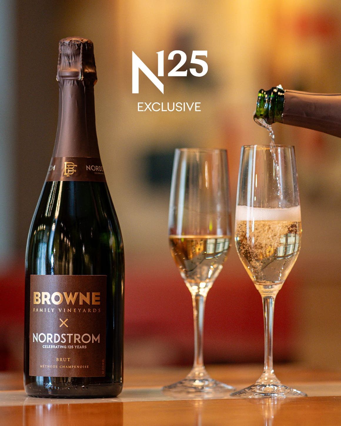 N125 exclusive: a bottle of sparkling wine and two glasses.