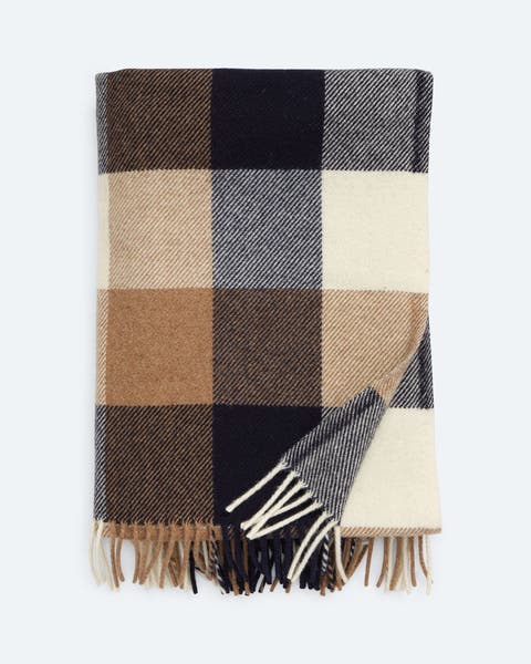 A brown and black plaid wool throw blanket.