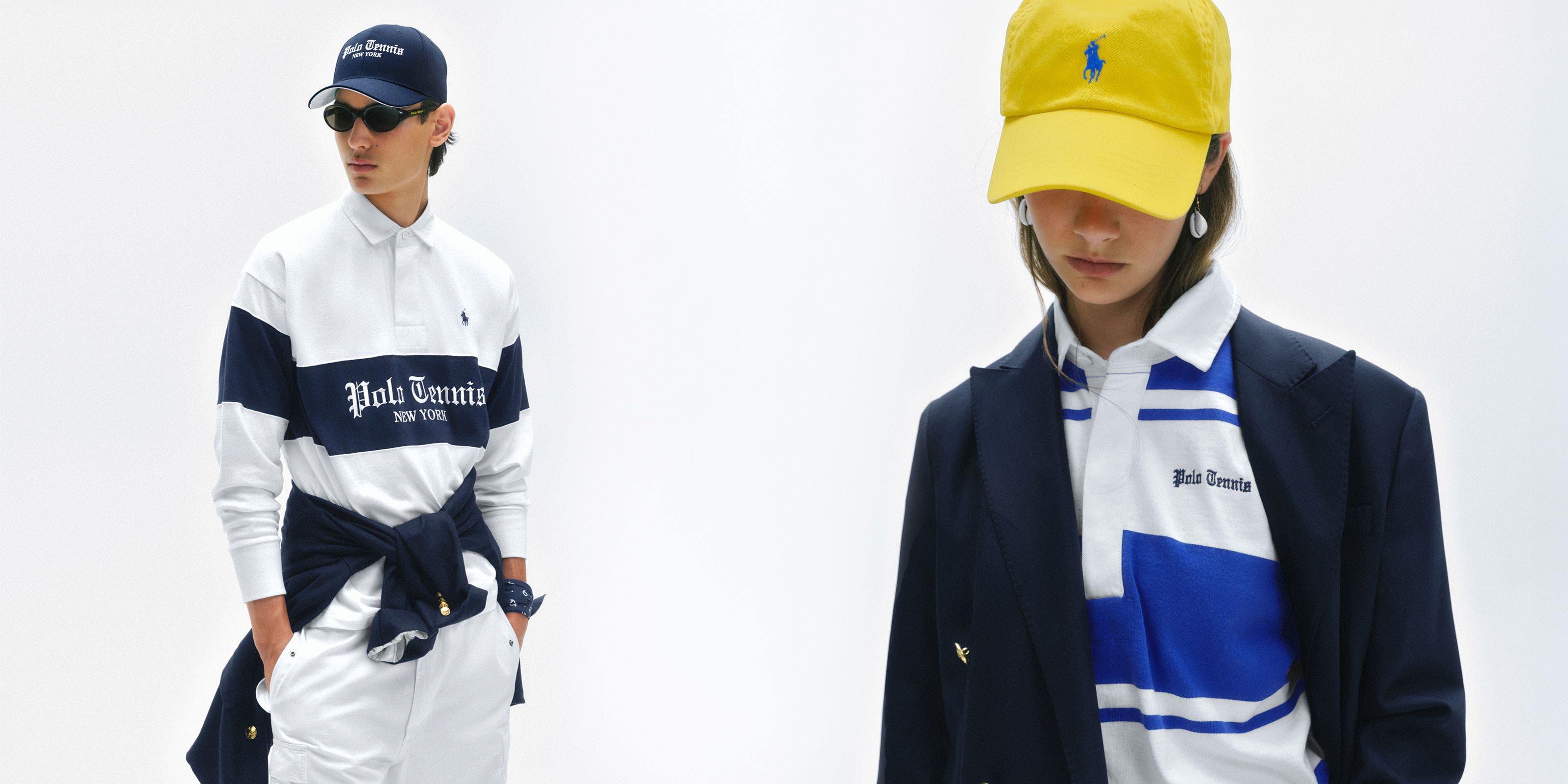A man and woman wearing matching outfits from the US Open x Polo Ralph Lauren collaboration.