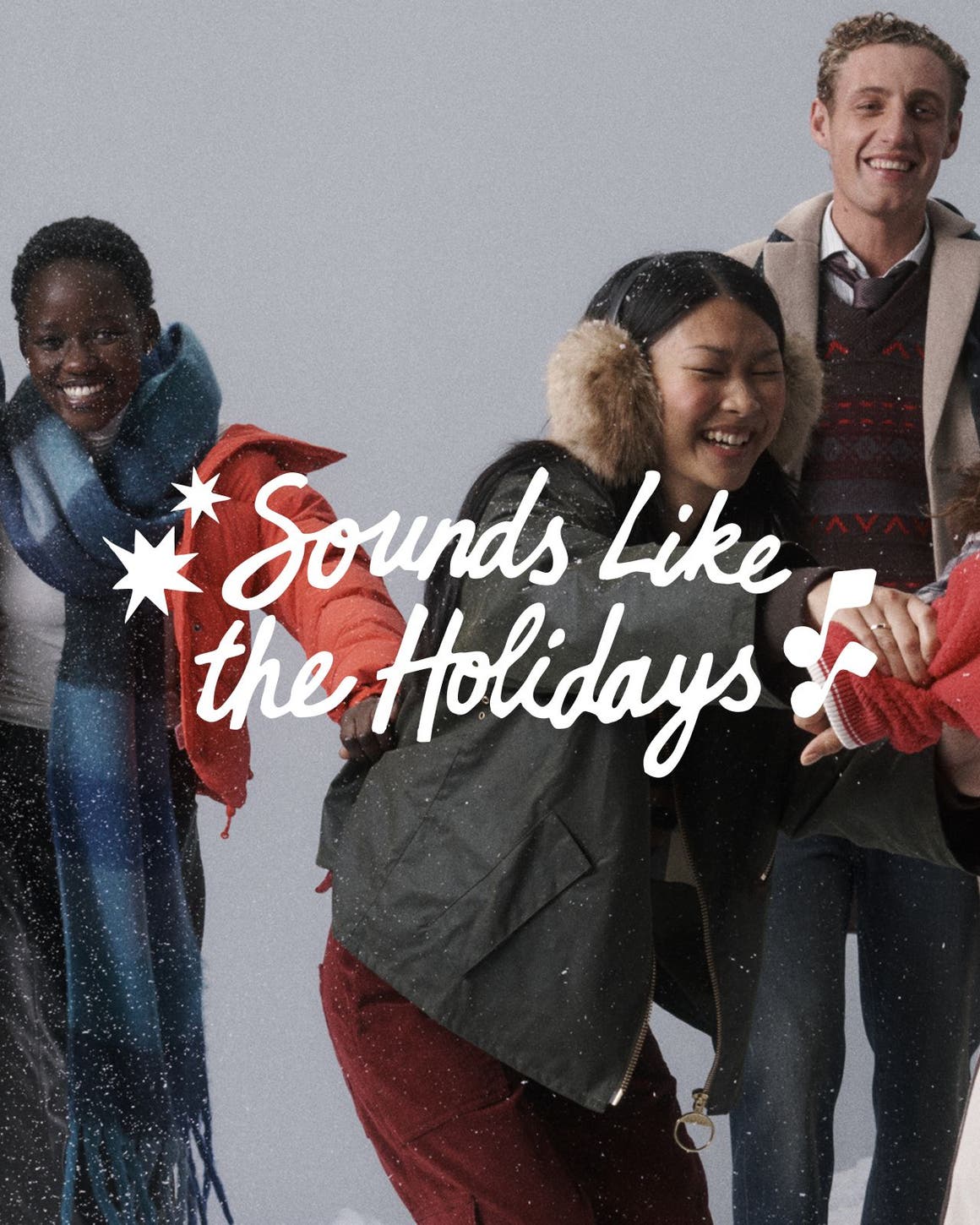 Sounds like the holidays. Men and women in winter outerwear.