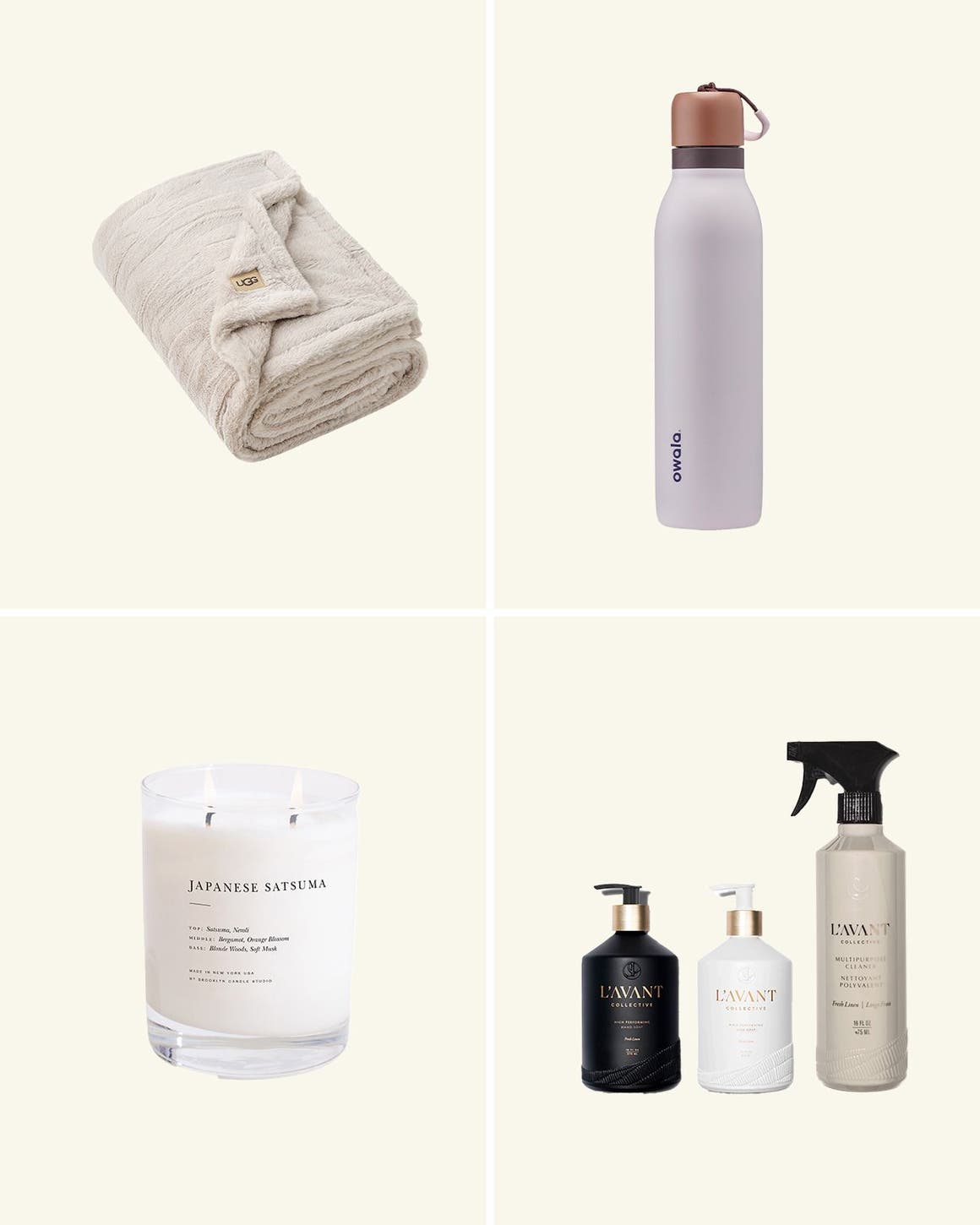 A collage of candles, bedding and more.