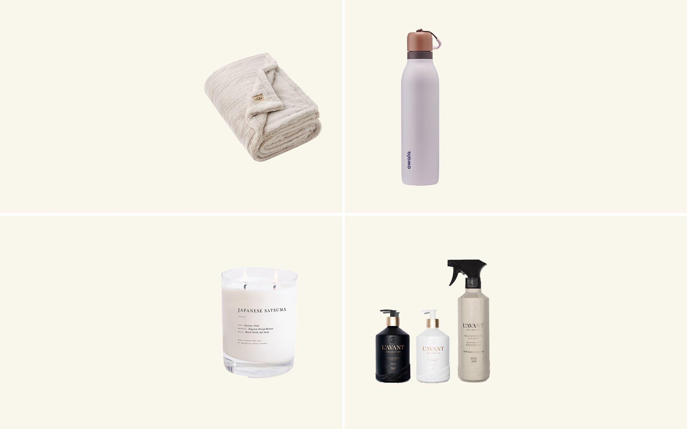 A collage of candles, bedding and more.