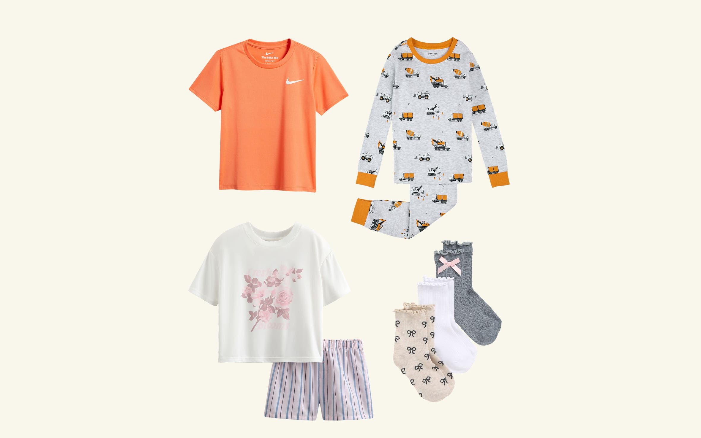 A collage of kids’ pjs, sock and more.