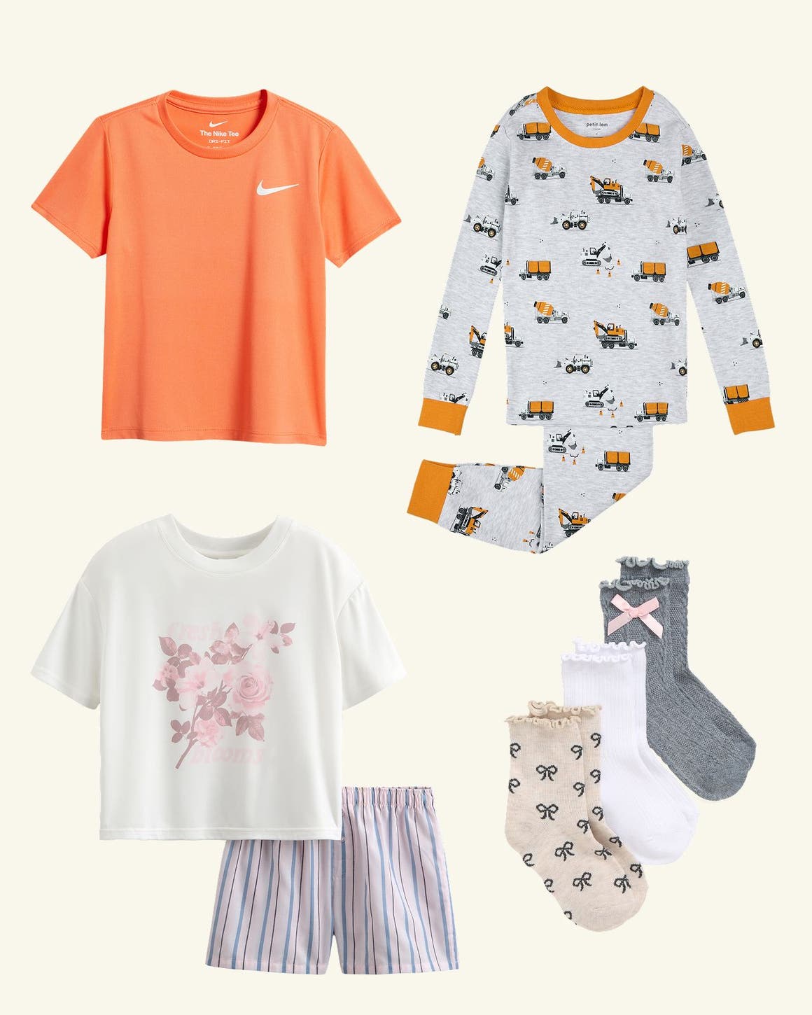 A collage of kids’ pjs, sock and more.