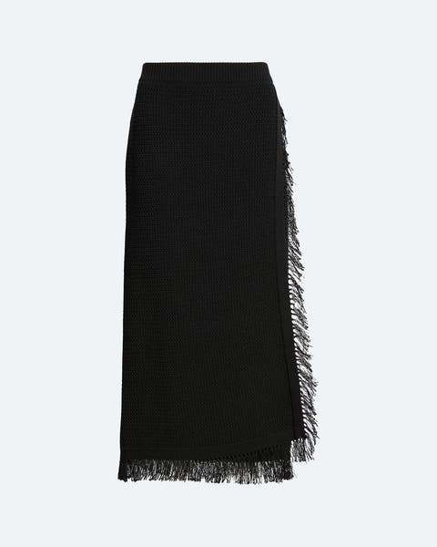 A black midi skirt with fringe product shot.