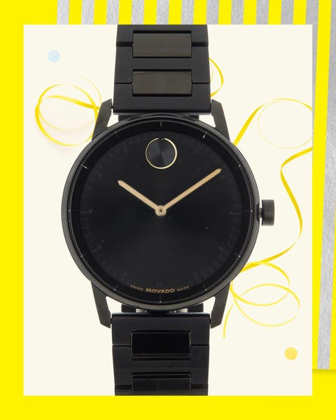 Movado black stainless-steel bracelet watch with minimalist dial and gold hands.