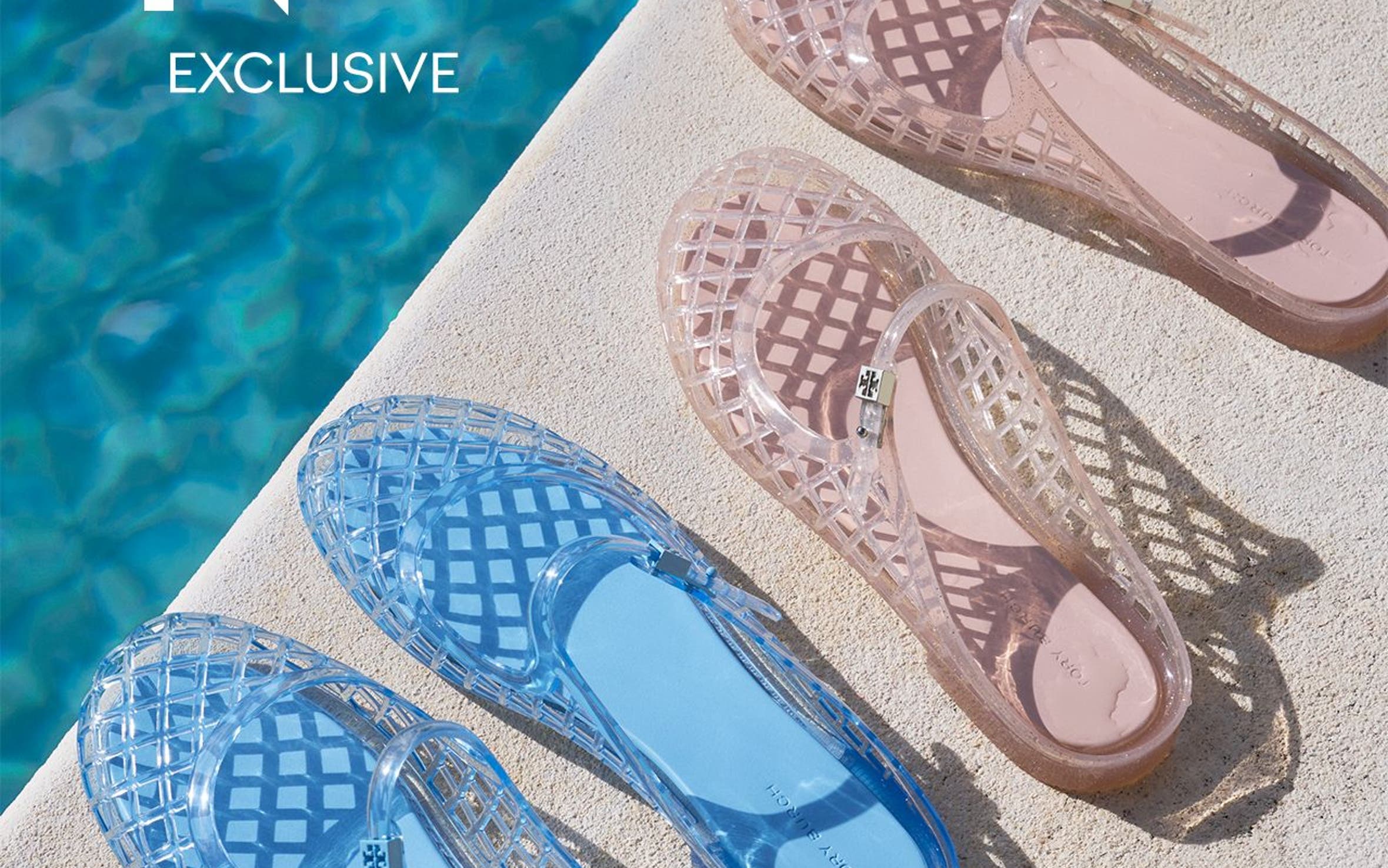 Blue and pink jelly shoes by a pool