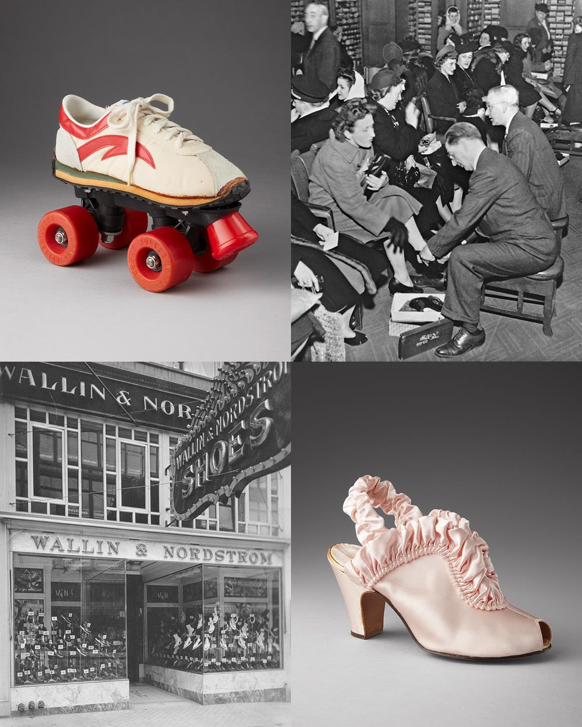Historical interior and exterior shots of Nordstrom stores, plus shoe (and rollerskate) styles over the years.