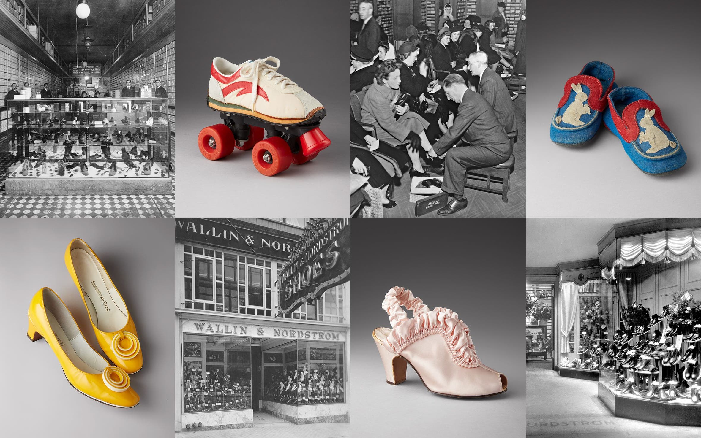 Historical interior and exterior shots of Nordstrom stores, plus shoe (and rollerskate) styles over the years.