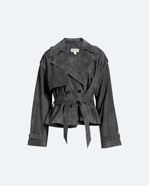 A grey short trench coat product shot.