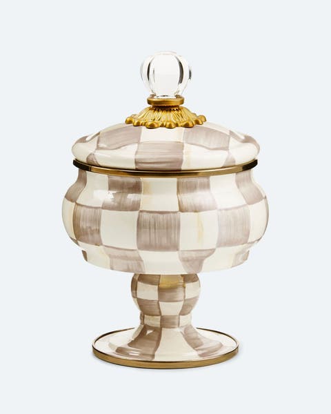 A decorative candy dish in neutral colors. 