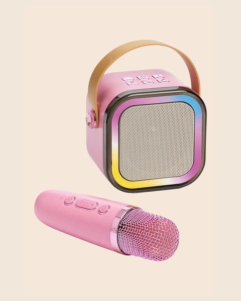 A FAO Schwarz pink toy karaoke mic. 