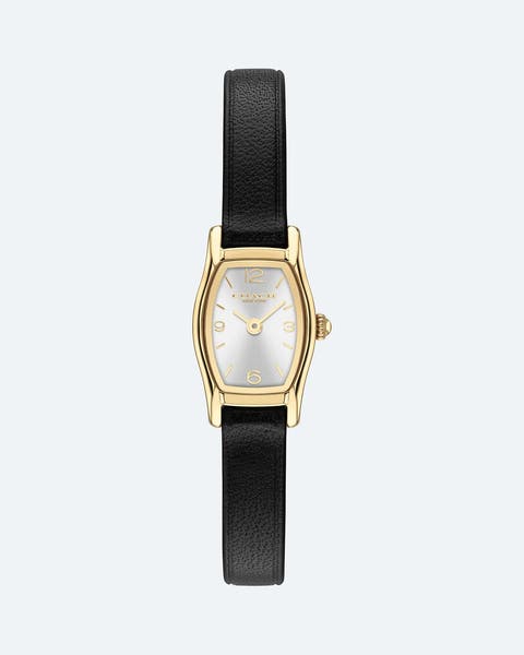 A black leather COACH watch.