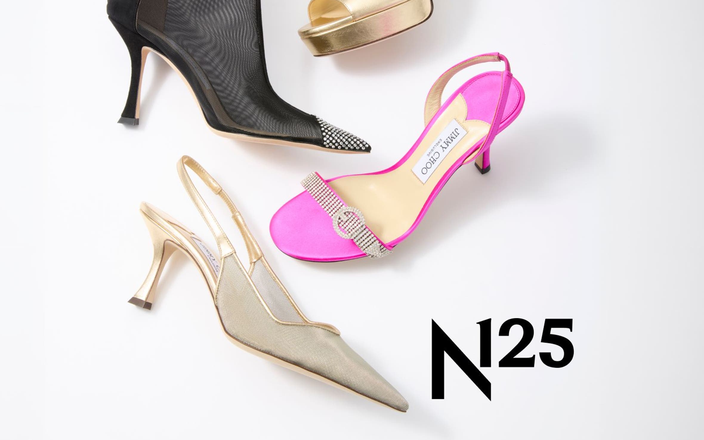 Black mesh bootie, gold platform, pink sandal and mesh slingback from Jimmy Choo..
