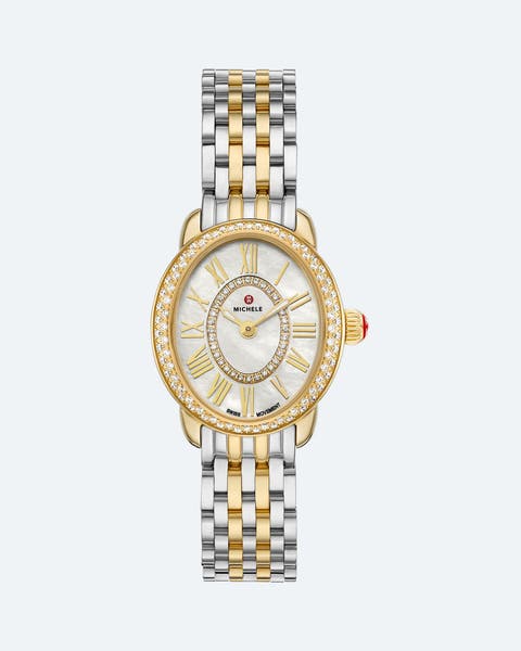 A silver and gold MICHELE watch.