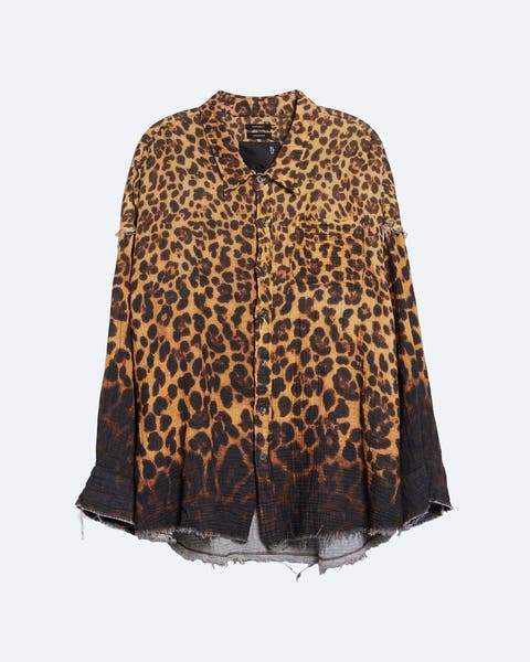 Leopard-print jacket with a frayed hem, fading to black at the bottom