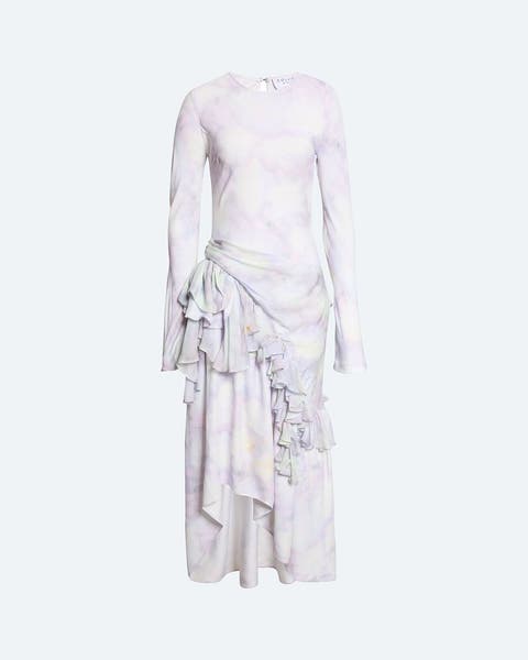 Long-sleeve tie-dye maxi dress in soft lavender and white, with a draped, ruffled skirt
