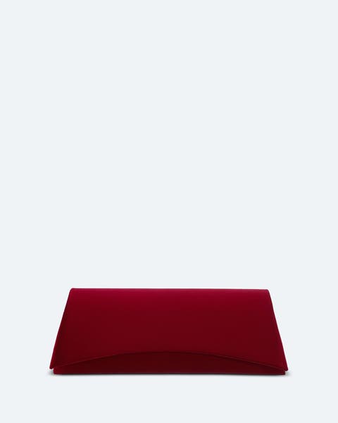Burgundy satin envelope clutch.