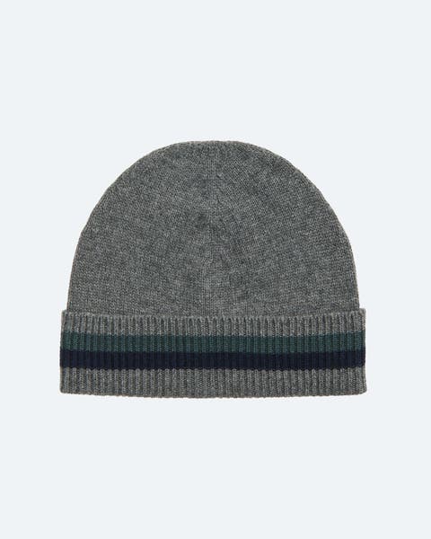 A grey beanie with a teal and navy stipe. 