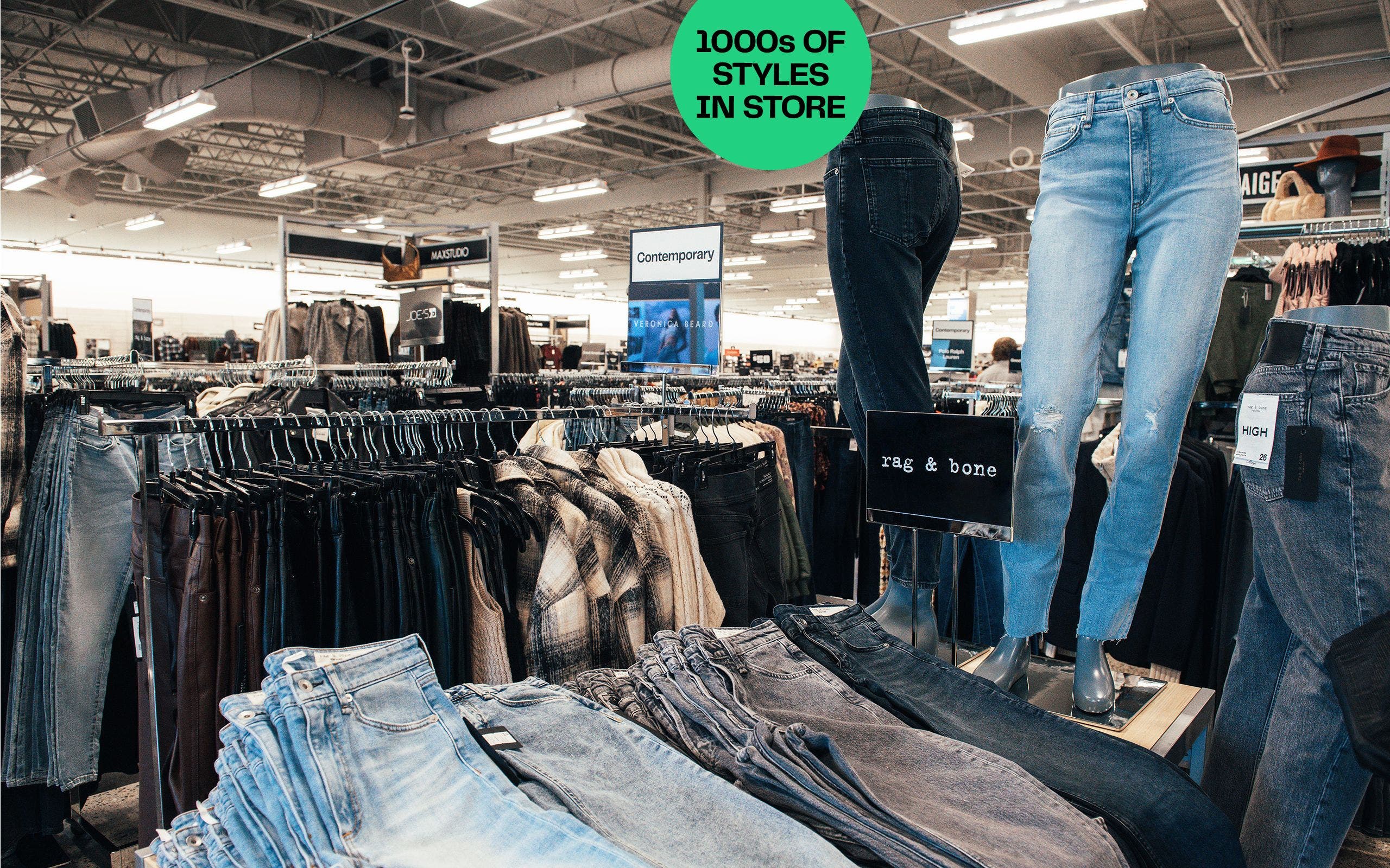 1000s of styles in store. Interior view of a Nordstrom Rack store.