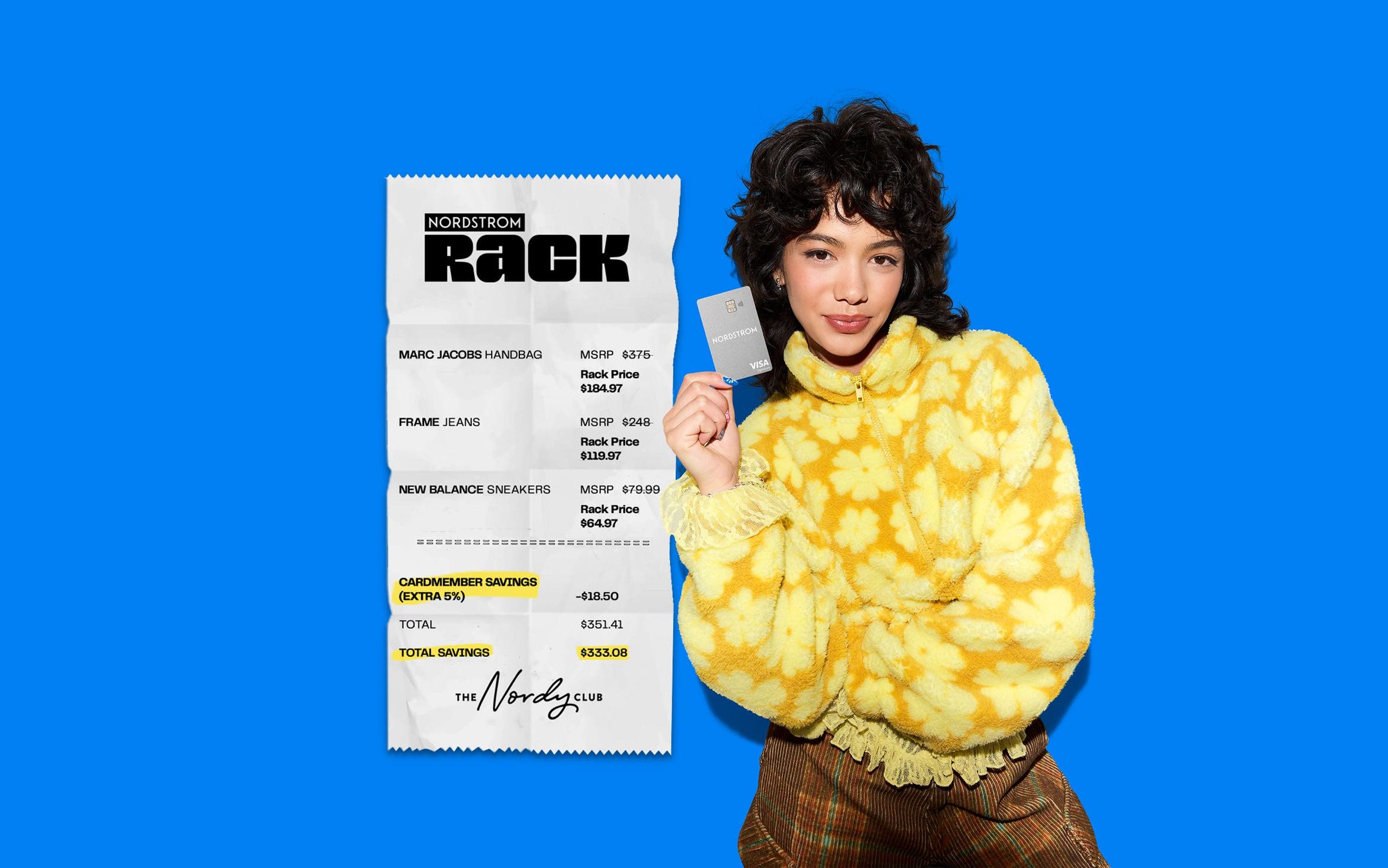 A Nordstrom Rack receipt shows how much a credit cardmember can save. A woman holds a Nordstrom credit card. 