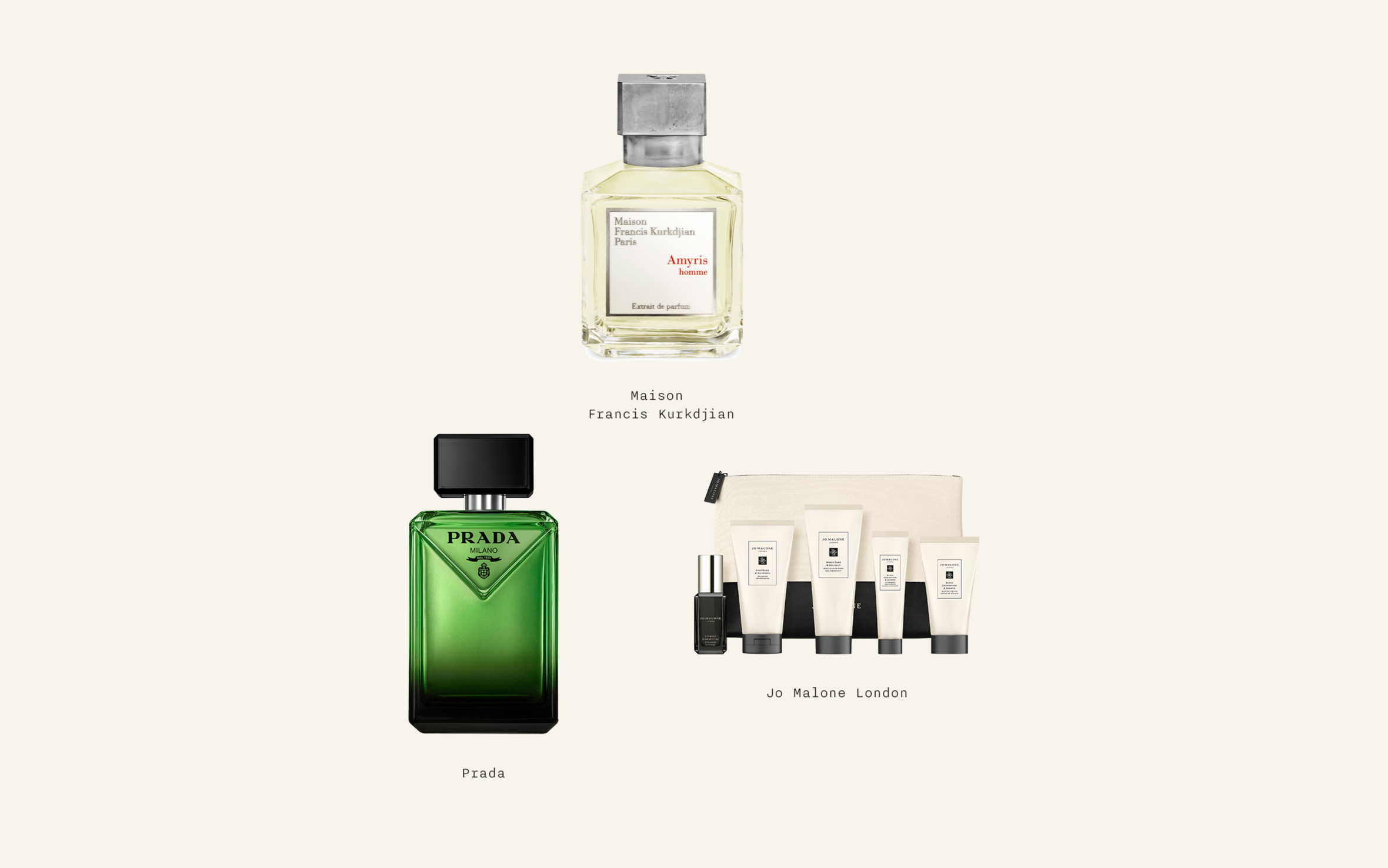 Products by Prada, Maison Francis Kurkdjian and Jo Malone London.