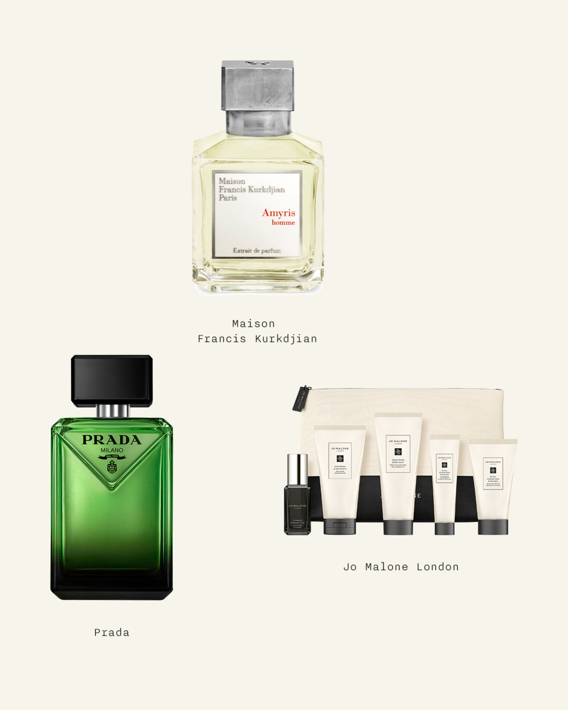 Products by Prada, Maison Francis Kurkdjian and Jo Malone London.