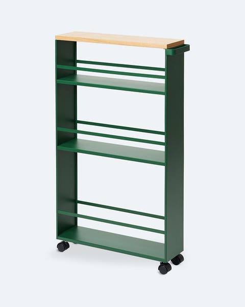 A green rolling storage cart.