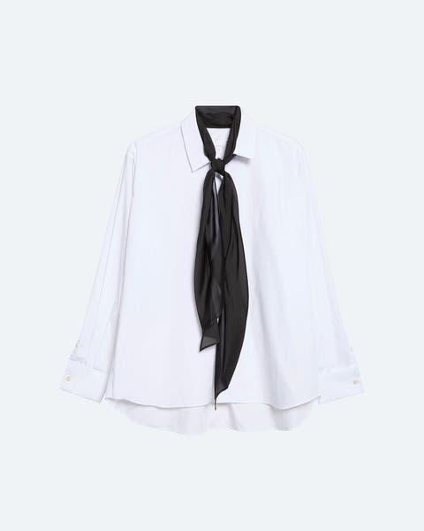White button-down shirt with black tie-neck scarf detail