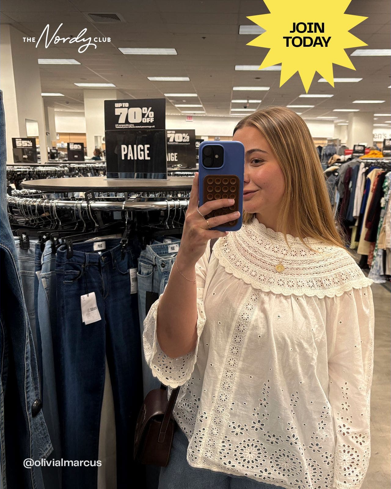 The Nordy Club: join today. A woman taking a selfie at Nordstrom Rack. 