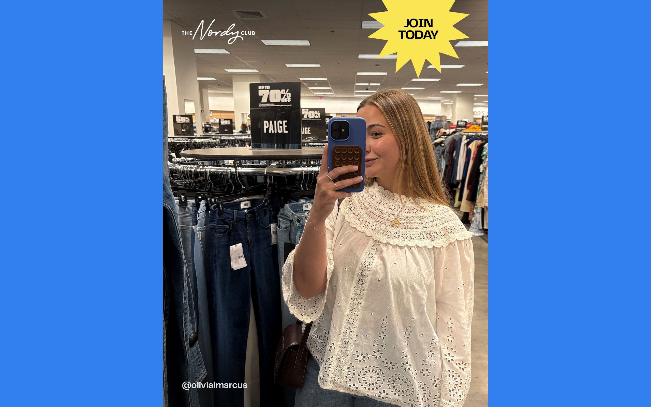 The Nordy Club: join today. A woman taking a selfie at Nordstrom Rack. 