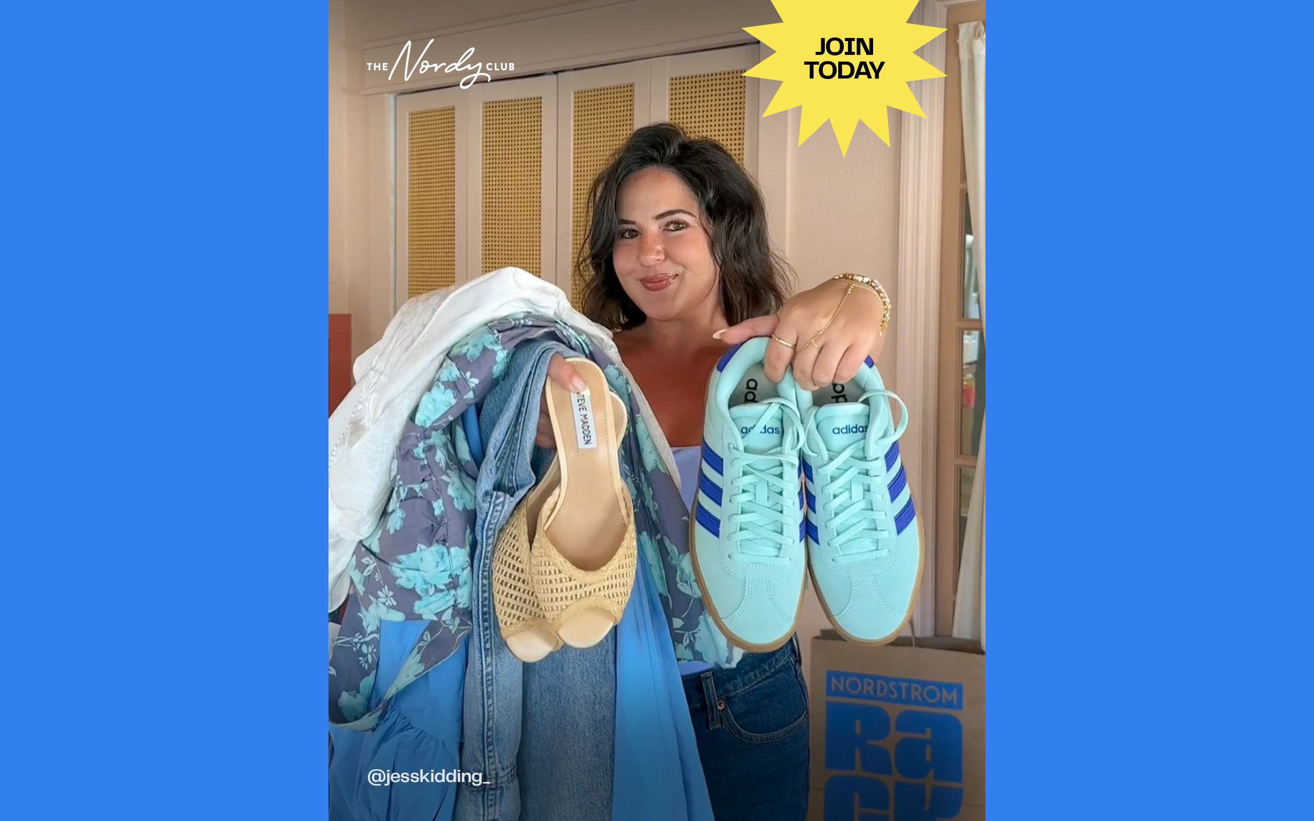 The Nordy Club: join today. A woman holding up clothes and shoes bought at Nordstrom Rack.