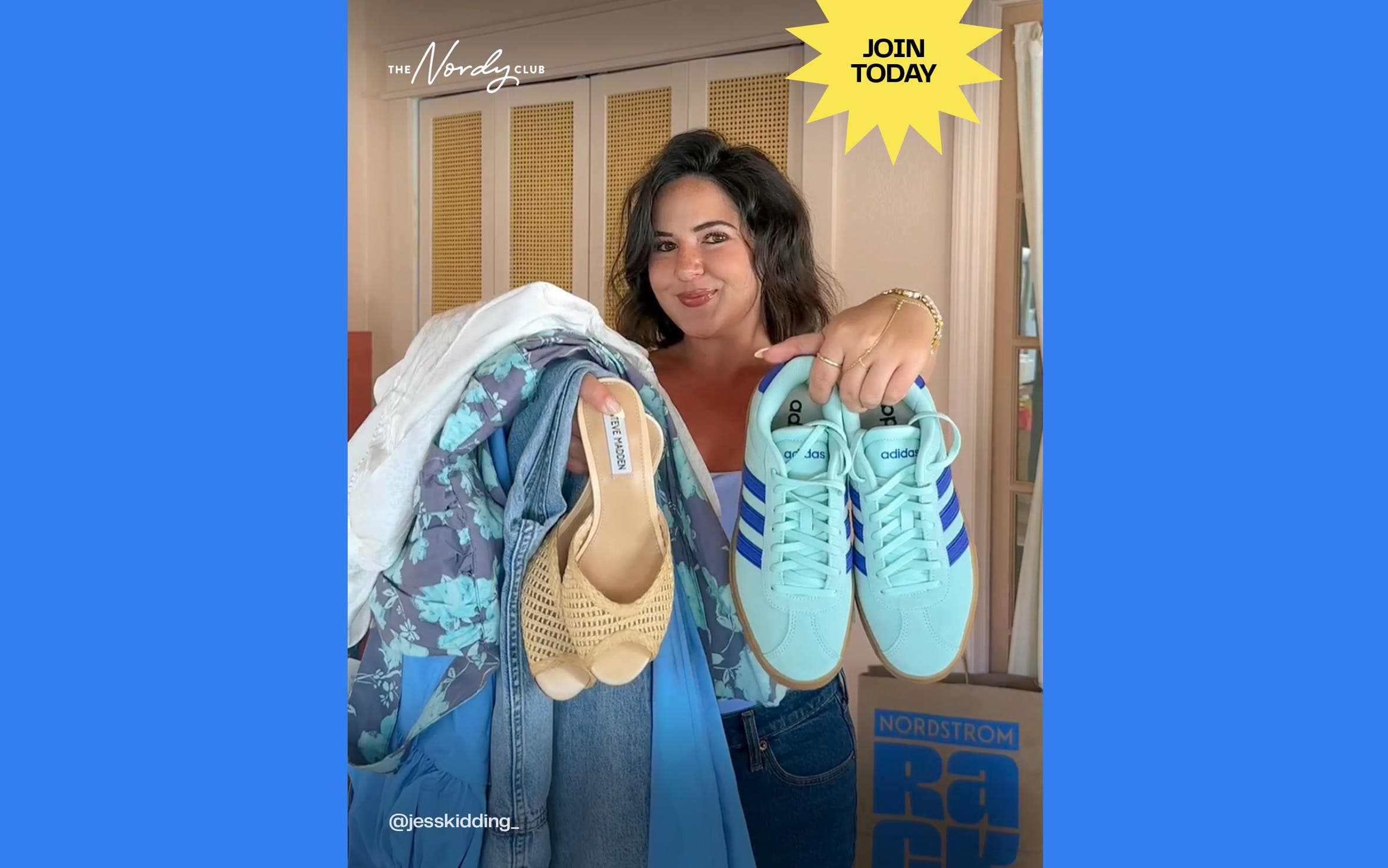 The Nordy Club: join today. A woman holding up clothes and shoes bought at Nordstrom Rack.