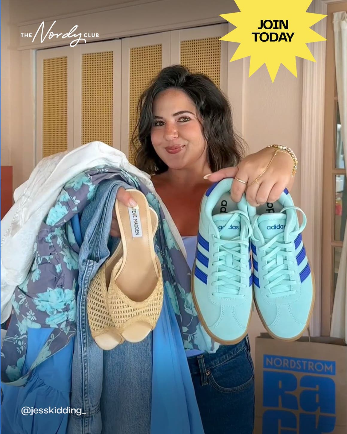 The Nordy Club: join today. A woman holding up clothes and shoes bought at Nordstrom Rack.