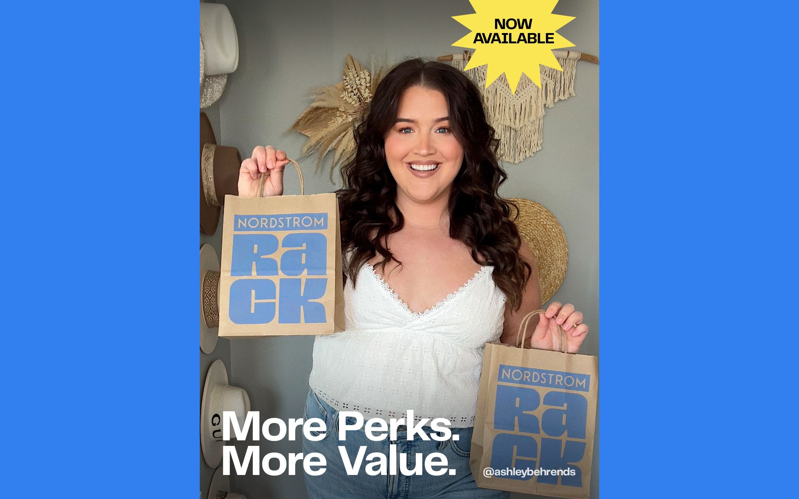 Now available: more perks, more value. A woman holding Nordstrom Rack shopping bags.