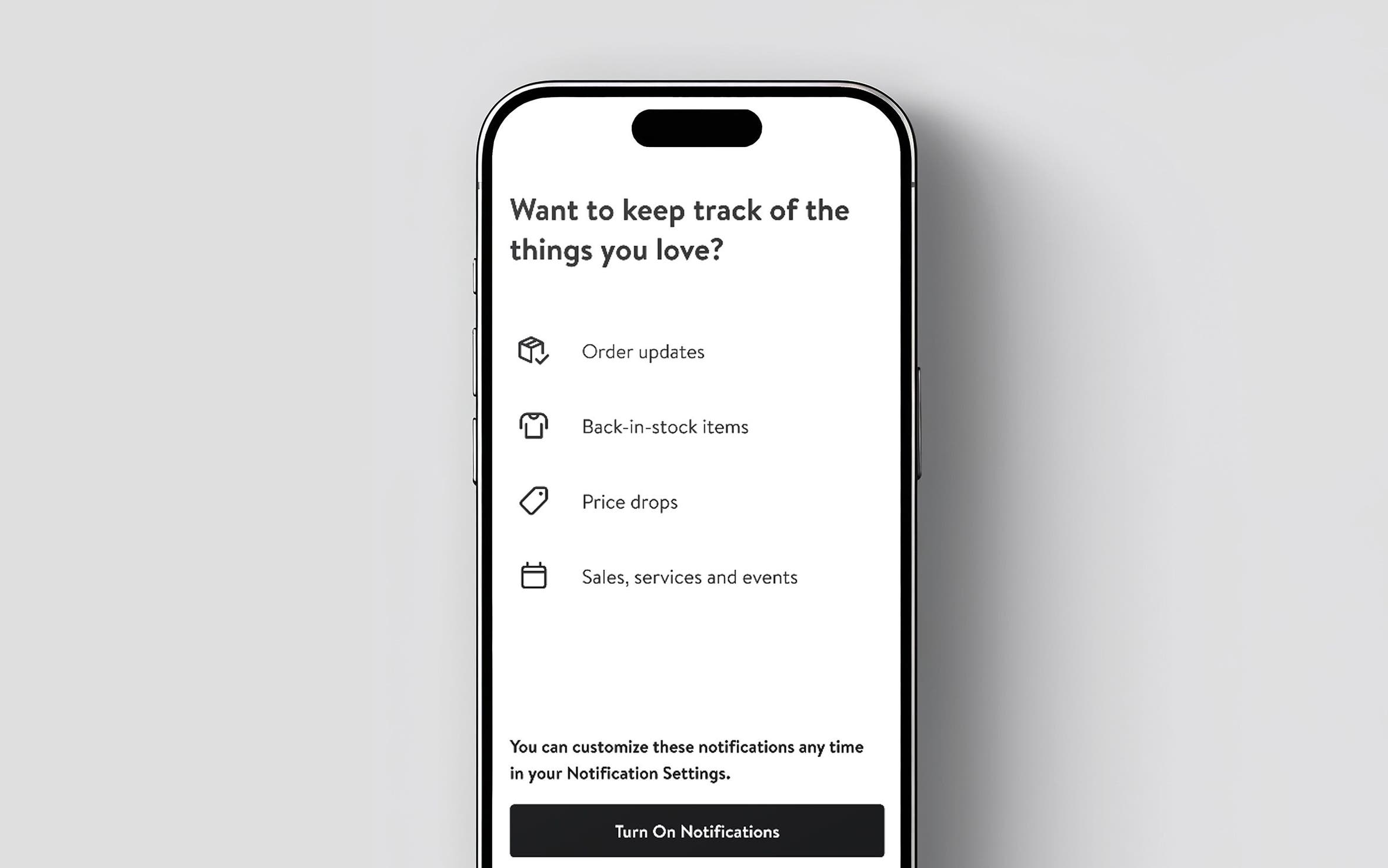 Phone showing Nordstrom app notification options. 