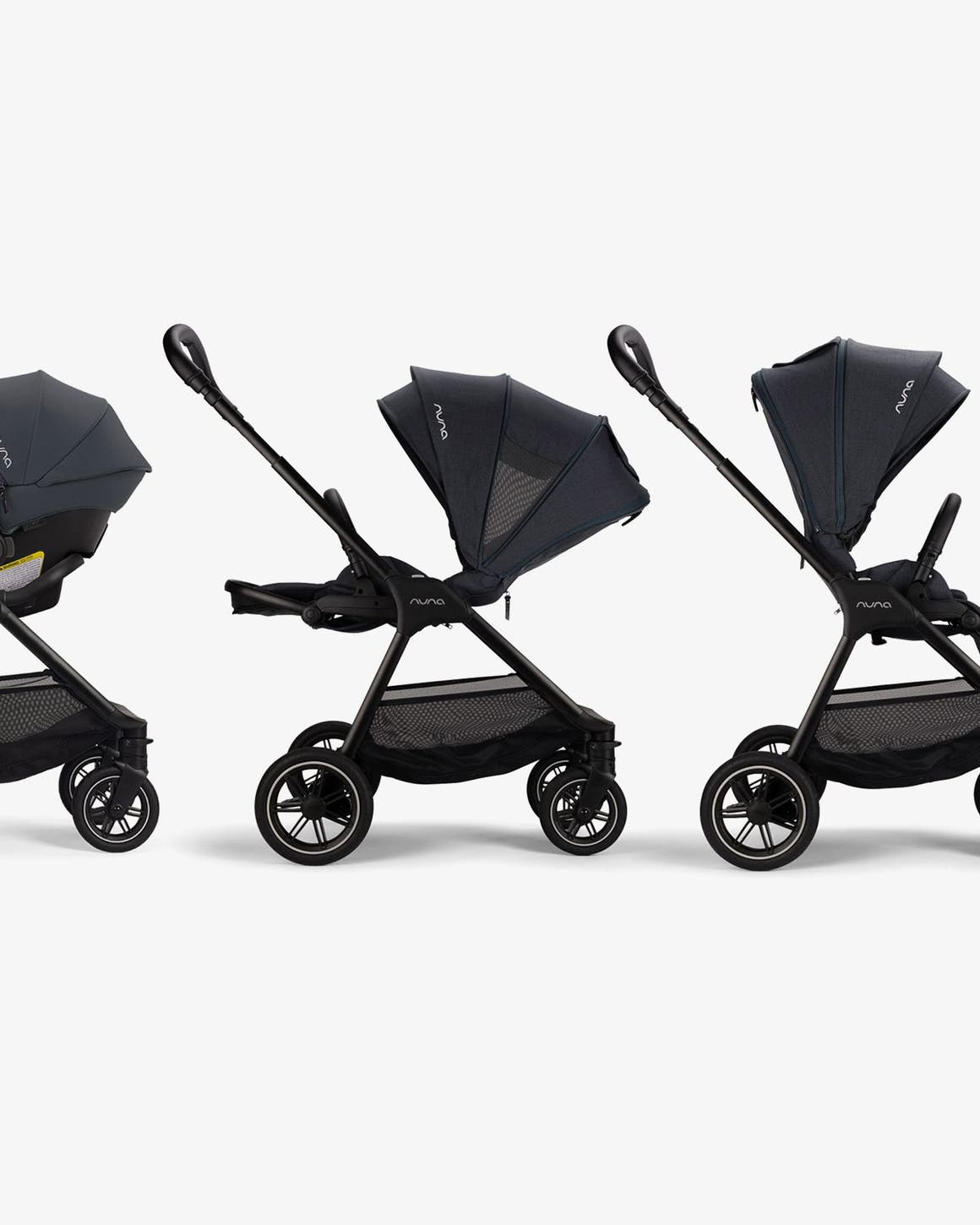 A lightweight Nuna stroller shown in three different configurations and collapsed.