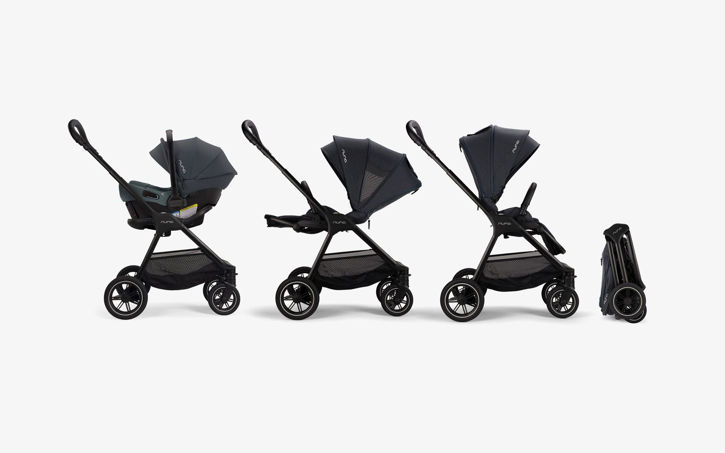 A lightweight Nuna stroller shown in three different configurations and collapsed.