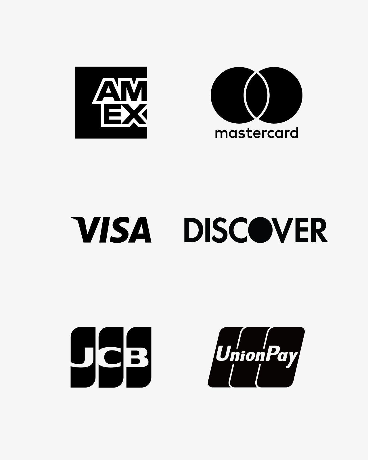 American Express, Mastercard, Visa, Discover, JCB, Union Pay