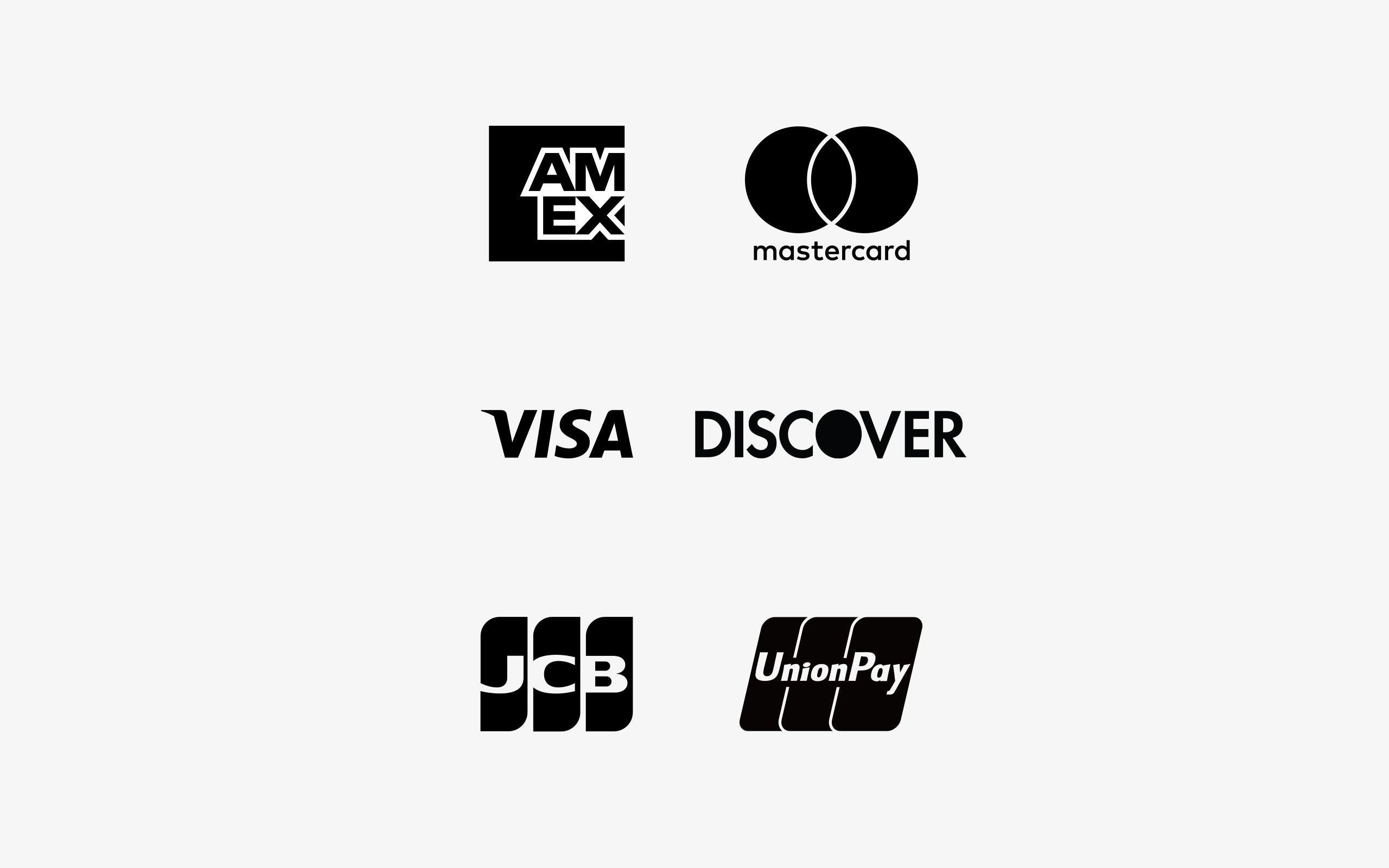 American Express, Mastercard, Visa, Discover, JCB, Union Pay