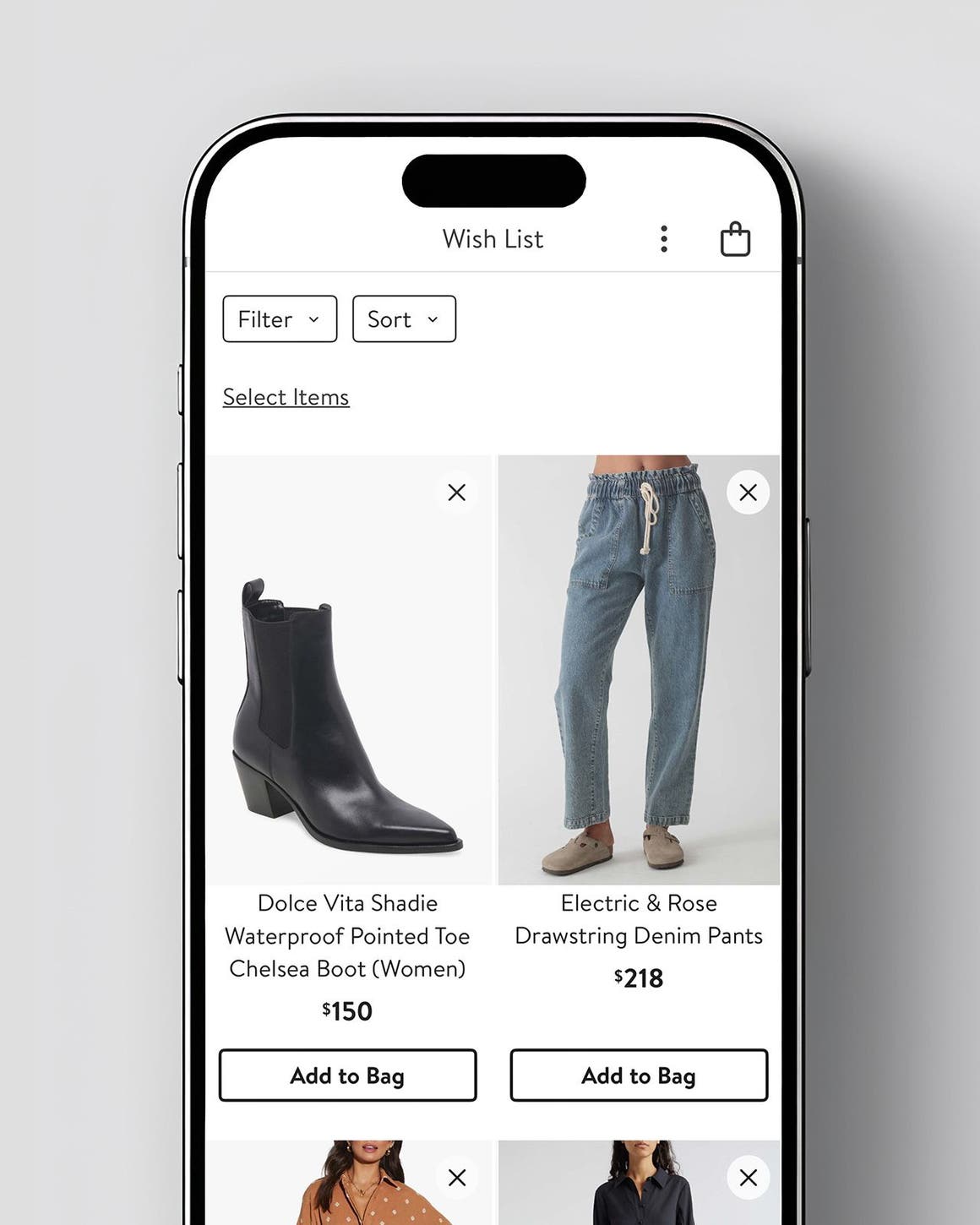 Phone showing products in a wish list on the Nordstrom app. 