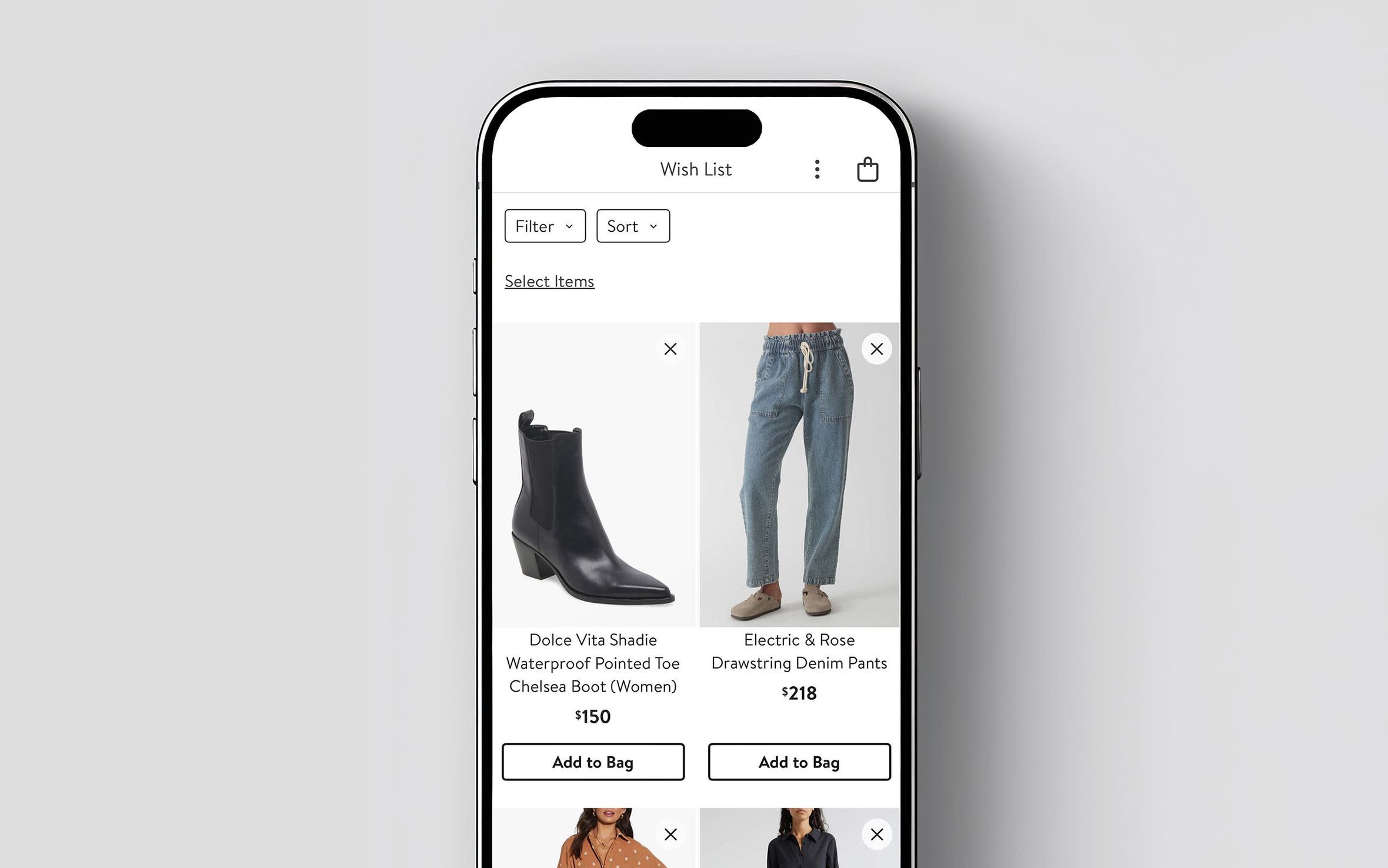 Phone showing products in a wish list on the Nordstrom app. 