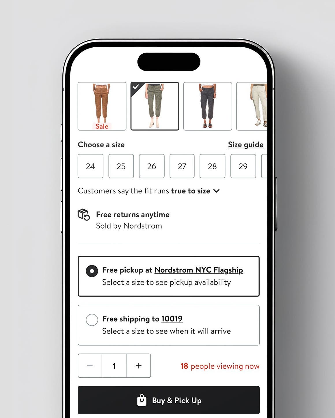 Phone showing shipping and pickup options for a selected store on the Nordstrom app.